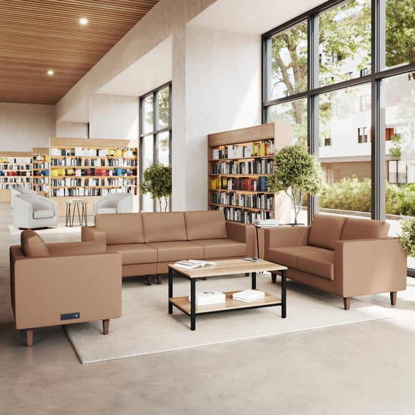 English Elm HERCULES Artemis 3-Piece LeatherSoft Reception Set with Charging Stations & Stylish Walnut Legs Cognac ZB-8921-SET-COGNAC-GG