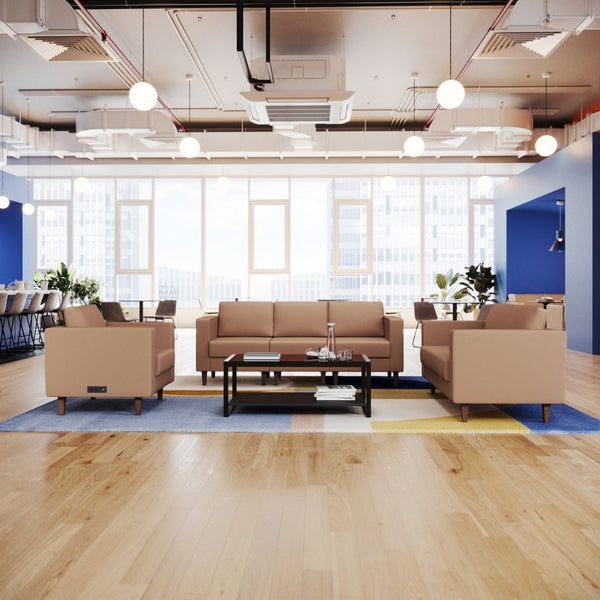 English Elm HERCULES Artemis 3-Piece LeatherSoft Reception Set with Charging Stations & Stylish Walnut Legs Cognac ZB-8921-SET-COGNAC-GG