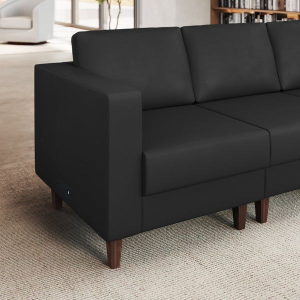 English Elm HERCULES Artemis LeatherSoft Left Arm Reception Chair with Power Station & Walnut Legs for Style Black ZB-8921C-LA-BLK-GG