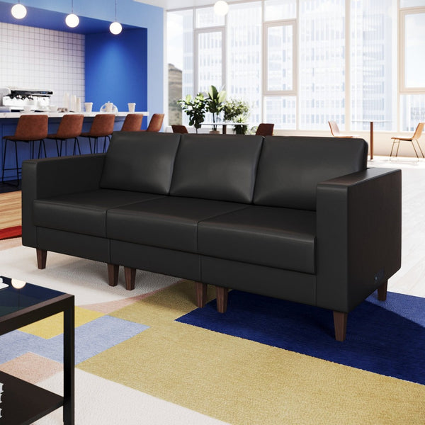 English Elm HERCULES Artemis LeatherSoft Left Arm Reception Chair with Power Station & Walnut Legs for Style Black ZB-8921C-LA-BLK-GG