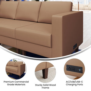 English Elm HERCULES Artemis LeatherSoft Right Arm Reception Chair with Integrated Charging for Modern Comfort Cognac ZB-8921C-RA-COGNAC-GG