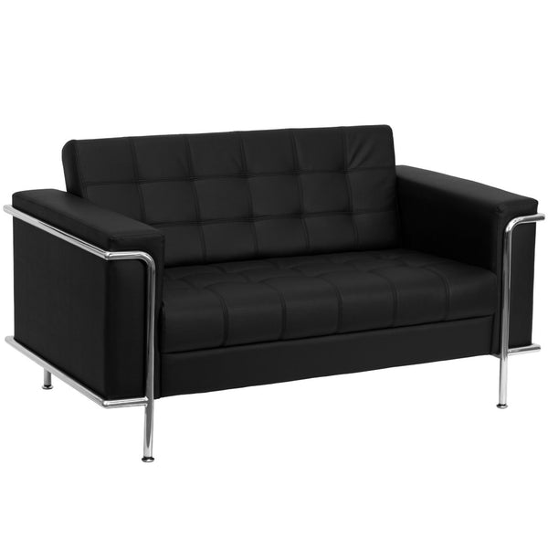 English Elm HERCULES Lesley Series Stylish Black LeatherSoft Loveseat with Stainless Steel Frame for Offices ZB-LESLEY-8090-LS-BK-GG