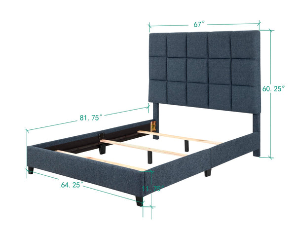 Legends Furniture Bridgevine Home Queen Size Navy Blue Denim Squares Upholstered Platform Bed Endurance Denim, Blue  Zbrd-7000qn