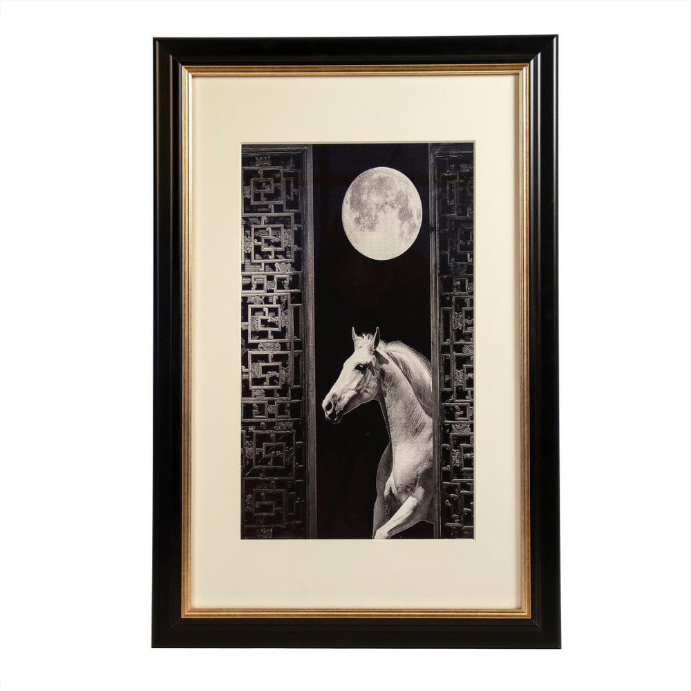 Zentique Horse And Moon Art Print - Enchanting Celestial Decor In Elegant Black And Gold Frame For Any Space Neutral,Black,Gold Frame Iron,Paper,Glass Zen-29158-2b