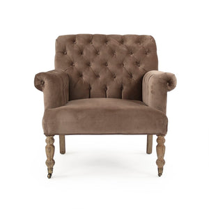 Zentique Lorraine Velvet Tufted Arm Chair with Rolled Arms and Oak Legs — Classic Comfort for Reading Nooks W34.5 x H35.75 x D33 ZEN026 E272 V011