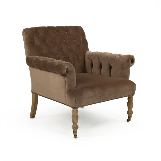 Zentique Lorraine Velvet Tufted Arm Chair with Rolled Arms and Oak Legs — Classic Comfort for Reading Nooks W34.5 x H35.75 x D33 ZEN026 E272 V011