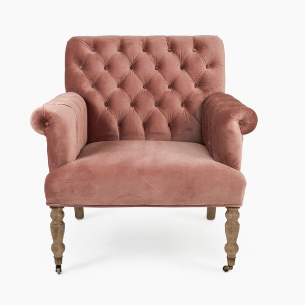 Zentique Lorraine Velvet Tufted Arm Chair with Rolled Arms and Oak Legs — Classic Comfort for Reading Nooks W34.5 x H35.5 x D33 ZEN026 E272 V069
