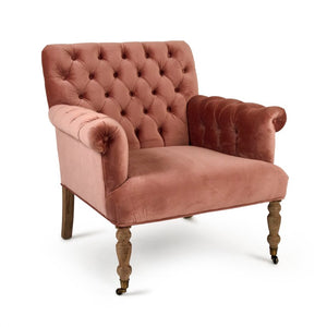 Zentique Lorraine Velvet Tufted Arm Chair with Rolled Arms and Oak Legs — Classic Comfort for Reading Nooks W34.5 x H35.5 x D33 ZEN026 E272 V069