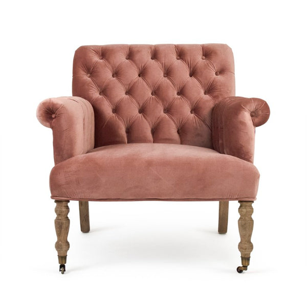 Zentique Lorraine Velvet Tufted Arm Chair with Rolled Arms and Oak Legs — Classic Comfort for Reading Nooks W34.5 x H35.5 x D33 ZEN026 E272 V069