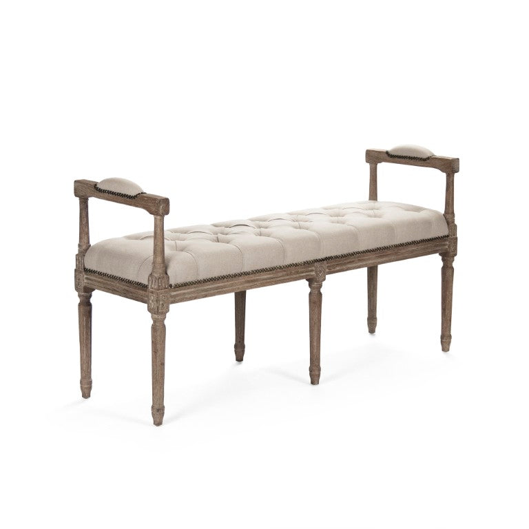 Zentique Nicolas Tufted Bench with Solid Oak Frame, Linen Upholstery, Deep Button Tufting for Entryway Seating Limed Grey Oak, Natural Linen ZEN04 E272 A003