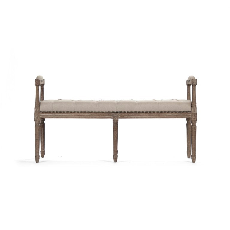 Zentique Nicolas Tufted Bench with Solid Oak Frame, Linen Upholstery, Deep Button Tufting for Entryway Seating Limed Grey Oak, Natural Linen ZEN04 E272 A003