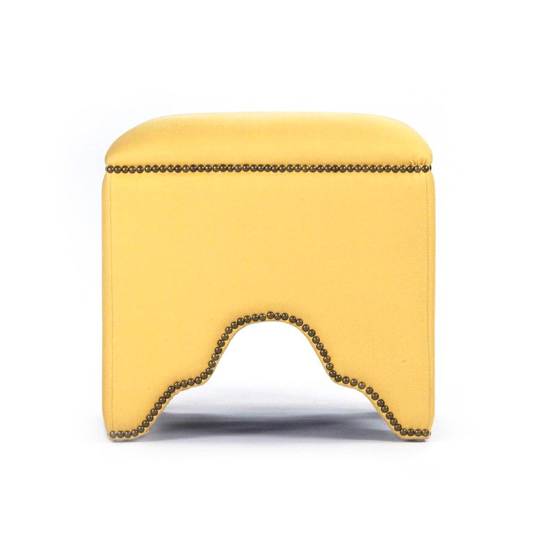 Zentique Willem Cubic Stool — Minimalist Oak Frame with Tailored Linen Upholstery, Compact Sculptural Accent Yellow Linen ZEN07 J