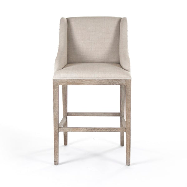 Zentique Connor Oak Bar Stool with Linen Seat, Ergonomic Back, Durable Finish for Modern Kitchens & Bars ZEN102 Barstool