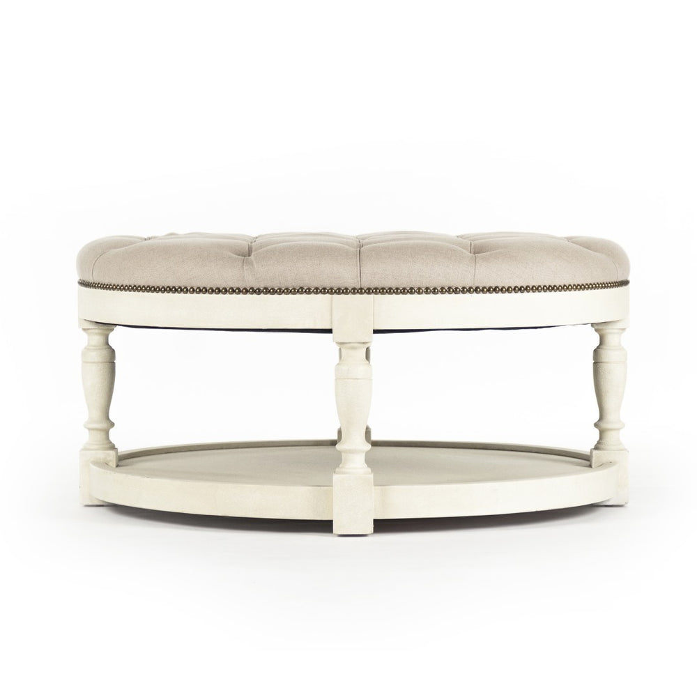 Zentique Tammy Ottoman - Elegant Versatile Seating With Luxurious Linen Upholstery & Distressed Ivory Finish Distressed Ivory,Natural Linen Oak,Linen,Nailheads Zen43 309 A003