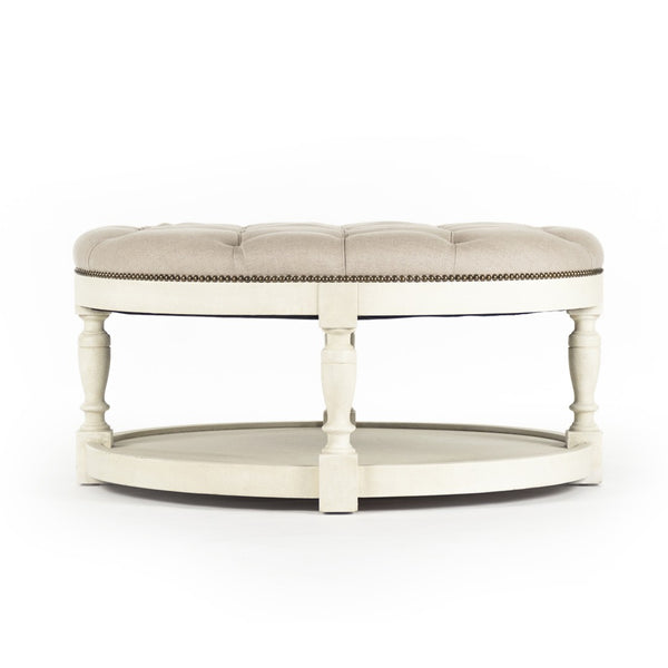 Zentique Tammy Ottoman - Elegant Versatile Seating With Luxurious Linen Upholstery & Distressed Ivory Finish Distressed Ivory,Natural Linen Oak,Linen,Nailheads Zen43 309 A003