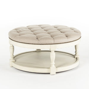 Zentique Tammy Oak and Linen Ottoman with Nailhead Trim — Versatile Footrest, Extra Seating, Low Table Alternative Distressed Ivory, Natural Linen ZEN43 309 A003
