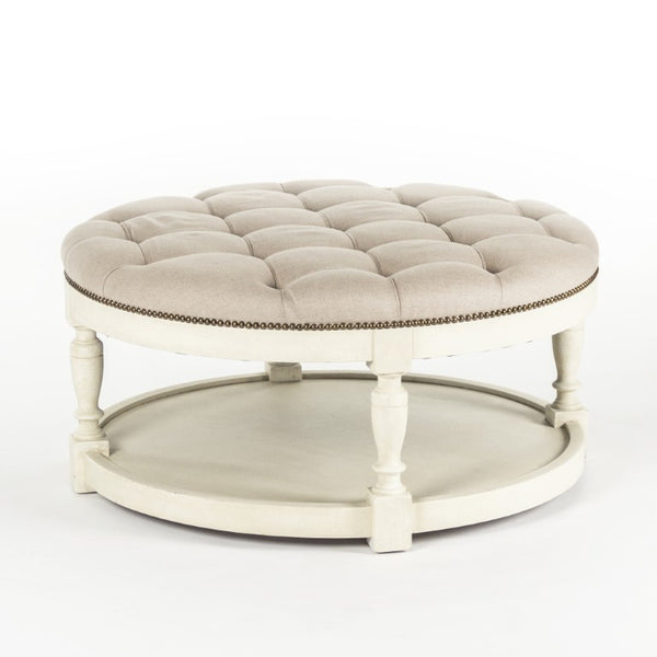 Zentique Tammy Oak and Linen Ottoman with Nailhead Trim — Versatile Footrest, Extra Seating, Low Table Alternative Distressed Ivory, Natural Linen ZEN43 309 A003