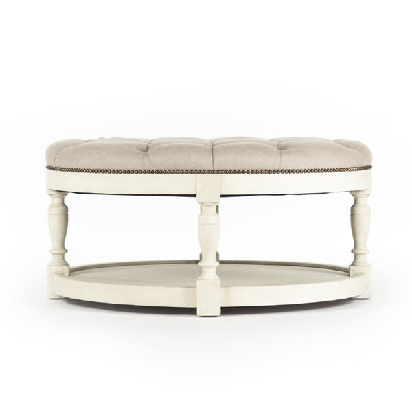 Zentique Tammy Oak and Linen Ottoman with Nailhead Trim — Versatile Footrest, Extra Seating, Low Table Alternative Distressed Ivory, Natural Linen ZEN43 309 A003