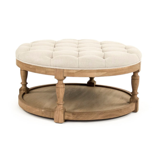 Zentique Tammy Ottoman with Oak Frame and Linen Upholstery — Low-Profile Footrest, Seat & Tray Table Alternative Natural Oak, Natural Linen ZEN43 E255 A003 w/o Nailhead