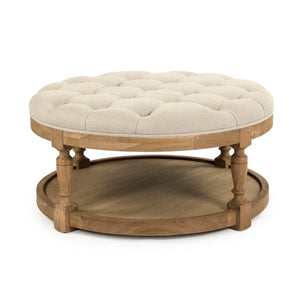 Zentique Tammy Ottoman with Oak Frame and Linen Upholstery — Low-Profile Footrest, Seat & Tray Table Alternative Natural Oak, Natural Linen ZEN43 E255 A003 w/o Nailhead