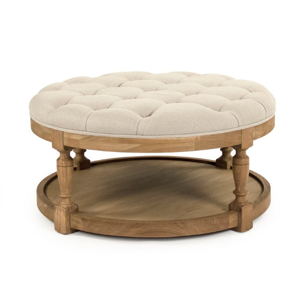Zentique Tammy Ottoman with Oak Frame and Linen Upholstery — Low-Profile Footrest, Seat & Tray Table Alternative Natural Oak, Natural Linen ZEN43 E255 A003 w/o Nailhead