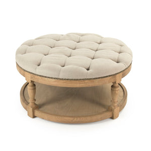 Zentique Tammy Oak and Linen Ottoman with Nailhead Trim — Versatile Footrest, Extra Seating, Low Table Alternative Natrual Oak, Natural Linen ZEN43 E255 A003 w/ Nailhead