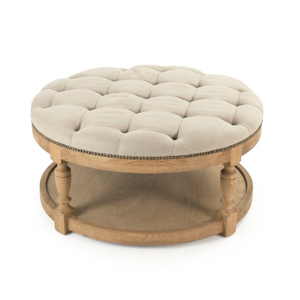 Zentique Tammy Oak and Linen Ottoman with Nailhead Trim — Versatile Footrest, Extra Seating, Low Table Alternative Natrual Oak, Natural Linen ZEN43 E255 A003 w/ Nailhead