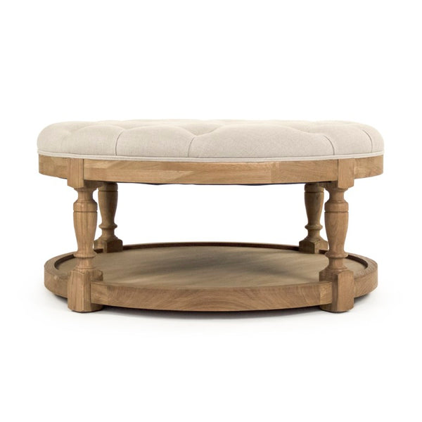 Zentique Tammy Ottoman with Oak Frame and Linen Upholstery — Low-Profile Footrest, Seat & Tray Table Alternative Natural Oak, Natural Linen ZEN43 E255 A003 w/o Nailhead