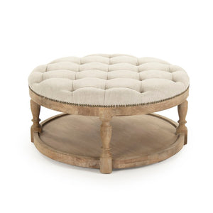 Zentique Tammy Ottoman with Oak Frame and Linen Upholstery — Low-Profile Footrest, Seat & Tray Table Alternative Limed Grey Oak, Natural Linen ZEN43 E272 A015-A