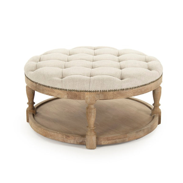 Zentique Tammy Ottoman with Oak Frame and Linen Upholstery — Low-Profile Footrest, Seat & Tray Table Alternative Limed Grey Oak, Natural Linen ZEN43 E272 A015-A