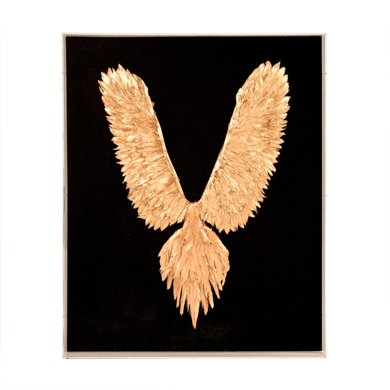 Zentique Abstract Gold Leaf Feather Bird Wall Art – Textured Linen Canvas, Hand-Applied Gold Leaf, Statement 38.5x31" ZEN45863