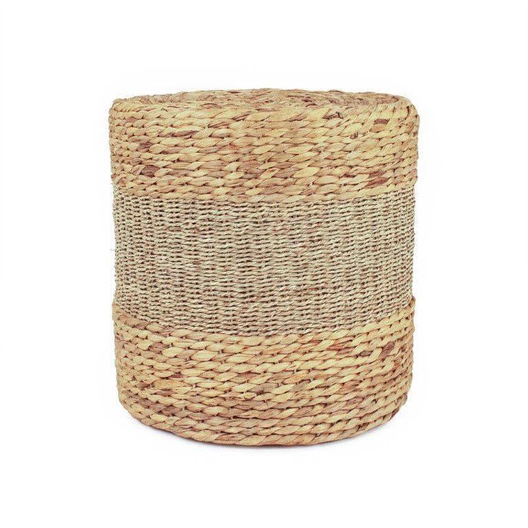 Zentique Woven handwoven ottoman in water hyacinth & seagrass — eco coastal accent, versatile seating (15.5") ZENMK-DRP01