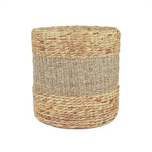 Zentique Woven handwoven ottoman in water hyacinth & seagrass — eco coastal accent, versatile seating (15.5") ZENMK-DRP01