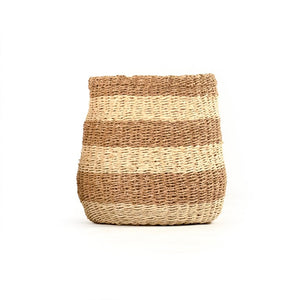 Zentique Woven Seagrass Basket Medium — Handwoven Round Storage for Blankets, Toys, Plants, Coastal Boho Flair Beige/ Brown ZENWS-B03 M