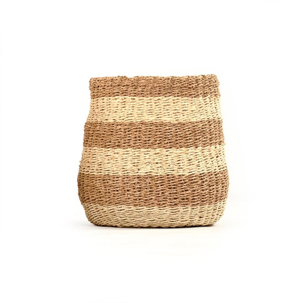 Zentique Woven Seagrass Basket Medium — Handwoven Round Storage for Blankets, Toys, Plants, Coastal Boho Flair Beige/ Brown ZENWS-B03 M