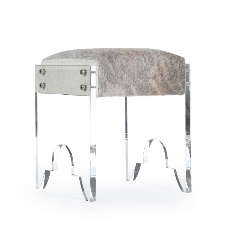 Zentique Lars Clear Acrylic Stool with Grey Cowhide Seat, PU Trim — Compact Modern Bar, Vanity & Occasional Seating (Made in USA) ZF028-G