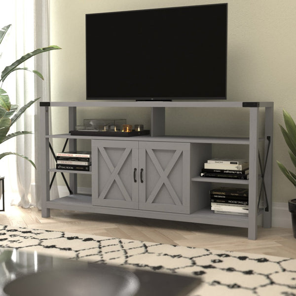 English Elm Wyatt Modern Farmhouse Tall TV Console Cabinet with Stylish Open Shelves and Hidden Storage Solutions Coastal Gray 60" ZG-025-CGY-GG