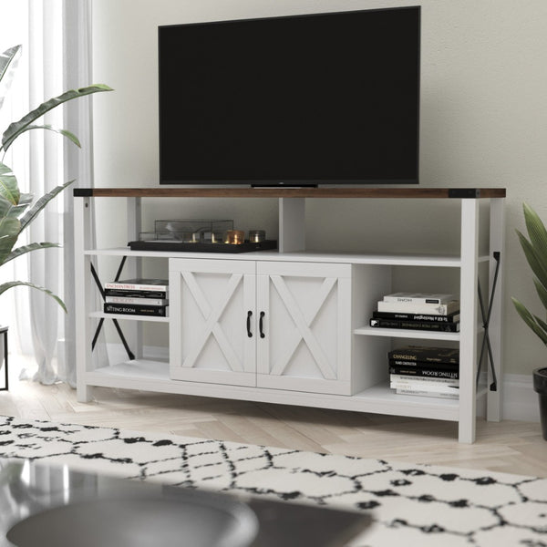 English Elm Wyatt Modern Farmhouse Tall TV Console Cabinet with Stylish Open Shelves and Hidden Storage Solutions White 60" ZG-025-WH-GG