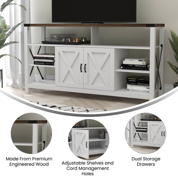 English Elm Wyatt Modern Farmhouse Tall TV Console Cabinet with Stylish Open Shelves and Hidden Storage Solutions White 60" ZG-025-WH-GG