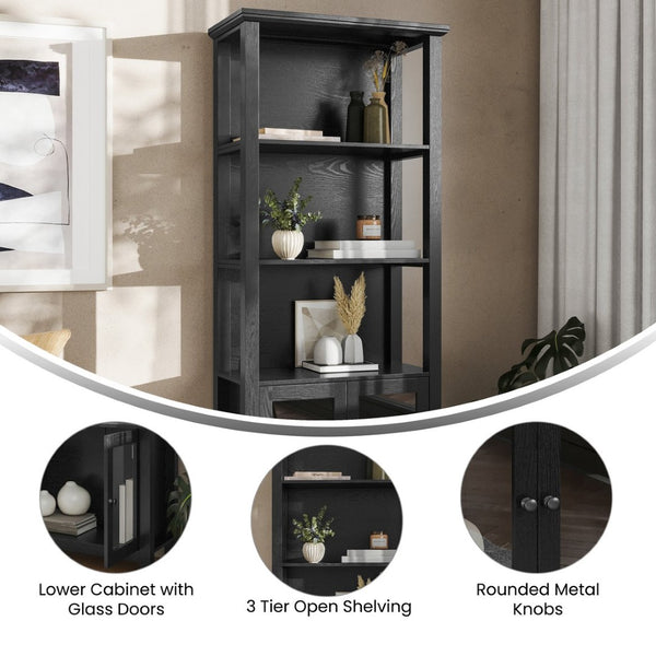 English Elm Stella Modern Farmhouse Bookcase and Storage Cabinet with Glass Doors for Stylish Organization Black ZG-027-BLK-GG