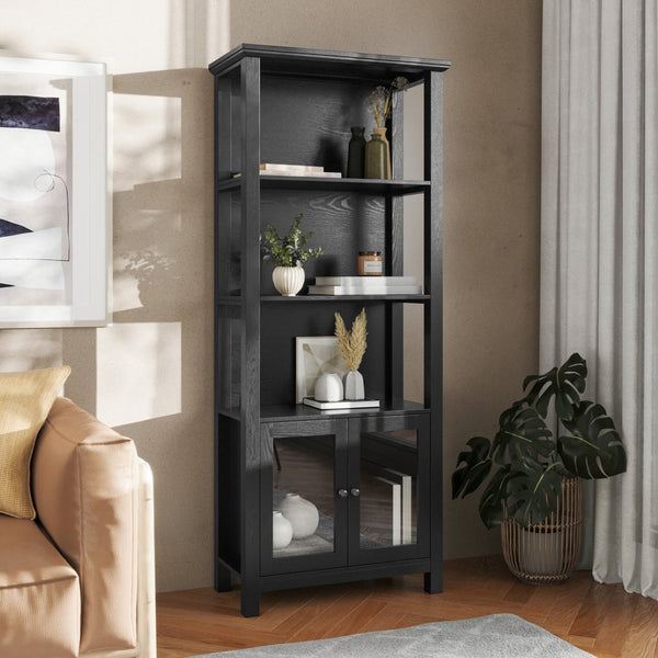 English Elm Stella Modern Farmhouse Bookcase and Storage Cabinet with Glass Doors for Stylish Organization Black ZG-027-BLK-GG