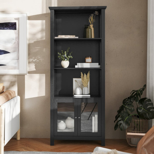 English Elm Stella Modern Farmhouse Bookcase and Storage Cabinet with Glass Doors for Stylish Organization Black ZG-027-BLK-GG