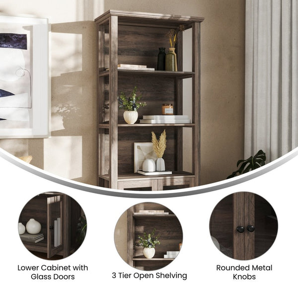 English Elm Stella Modern Farmhouse Bookcase and Storage Cabinet with Glass Doors for Stylish Organization Gray Wash ZG-027-GRYWSH-GG