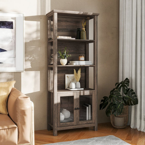 English Elm Stella Modern Farmhouse Bookcase and Storage Cabinet with Glass Doors for Stylish Organization Gray Wash ZG-027-GRYWSH-GG