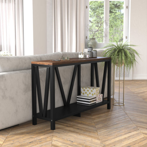 English Elm Charlotte Farmhouse 2-Tier Console Accent Table - Stylish Storage for Entryway or Living Room Charm Walnut Top/Black Frame ZG-034-BK-WAL-GG