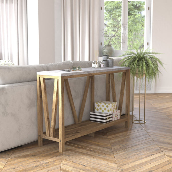 English Elm Charlotte Farmhouse 2-Tier Console Accent Table - Stylish Storage for Entryway or Living Room Charm Concrete Top/Warm Oak Frame ZG-034-WOAK-CONC-GG