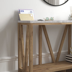 English Elm Charlotte Farmhouse 2-Tier Console Accent Table - Stylish Storage for Entryway or Living Room Charm Concrete Top/Warm Oak Frame ZG-034-WOAK-CONC-GG