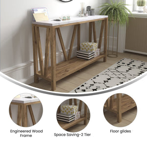 English Elm Charlotte Farmhouse 2-Tier Console Accent Table - Stylish Storage for Entryway or Living Room Charm Marble Top/Warm Oak Frame ZG-034-WOAK-MARB-GG