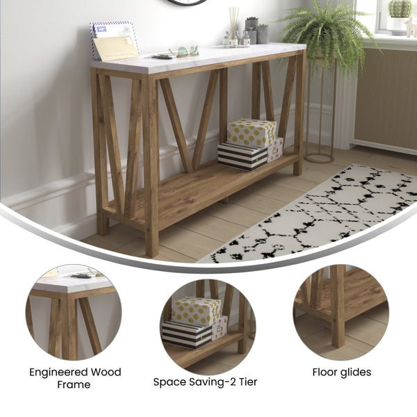 English Elm Charlotte Farmhouse 2-Tier Console Accent Table - Stylish Storage for Entryway or Living Room Charm Marble Top/Warm Oak Frame ZG-034-WOAK-MARB-GG