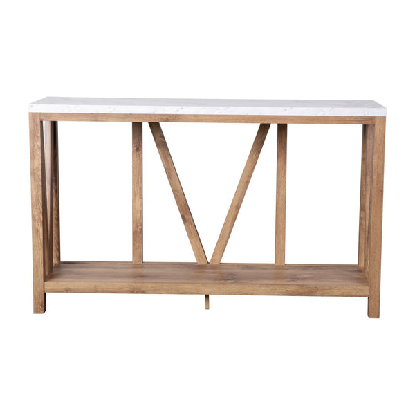 English Elm Charlotte Farmhouse 2-Tier Console Accent Table - Stylish Storage for Entryway or Living Room Charm Marble Top/Warm Oak Frame ZG-034-WOAK-MARB-GG
